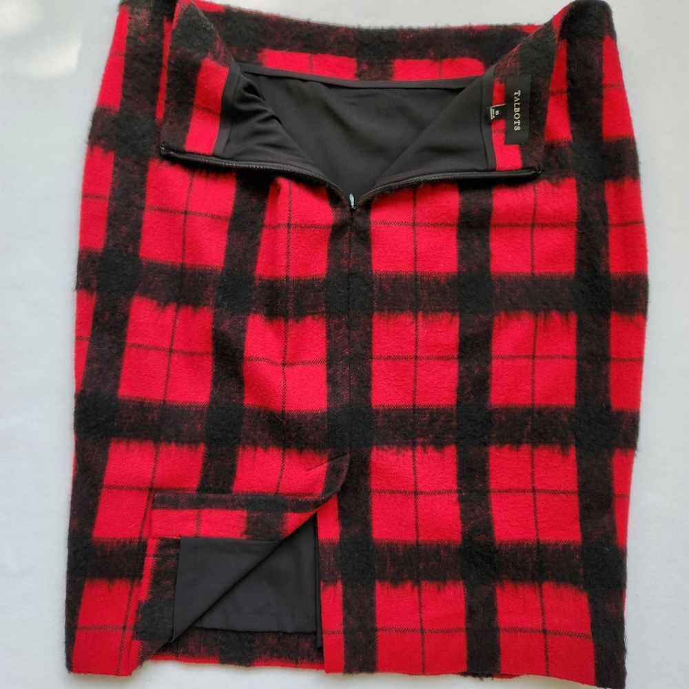 Wool Blend Pencil Skirt Buffalo Plaid Red Black Check Academia Preppy Size 10 - Picture 5 of 12